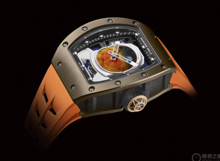 The attractive copy watch has a orange rubber strap.