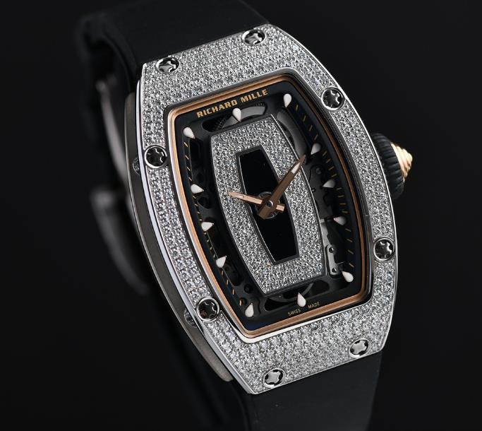 The female replica watch has black strap.